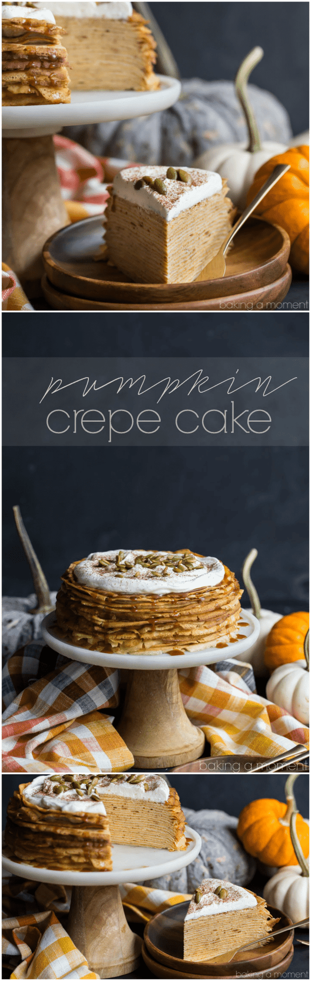 Pumpkin Crepe Cake: layer upon layer of lacy crepes, filled with a fluffy, cinnamon-spiced pumpkin pastry cream. The salted caramel and pepita garnish took this completely over-the-top! Definitely making this again for Thanksgiving. 
