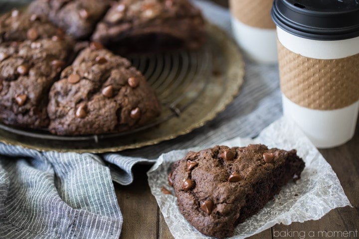 Double Chocolate Scones: what an incredible treat for breakfast or brunch! These whip up in a snap and they're so moist and chocolate-y, with plenty of chocolate chips in every bite! food breakfast chocolate