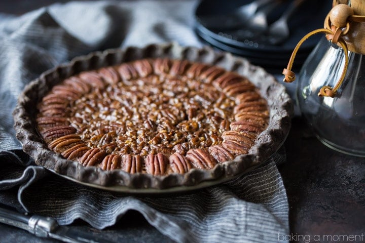 Double chocolate pecan pie: take your pecan pie to the next level, with a chocolate crust and sweet, sticky chocolate pecan filling. Made with no corn syrup! food desserts pies