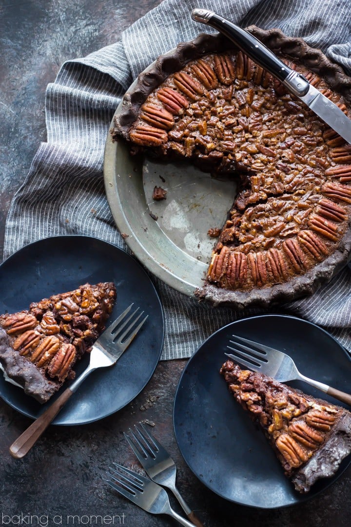 Double chocolate pecan pie: take your pecan pie to the next level, with a chocolate crust and sweet, sticky chocolate pecan filling. Made with no corn syrup! food desserts pies