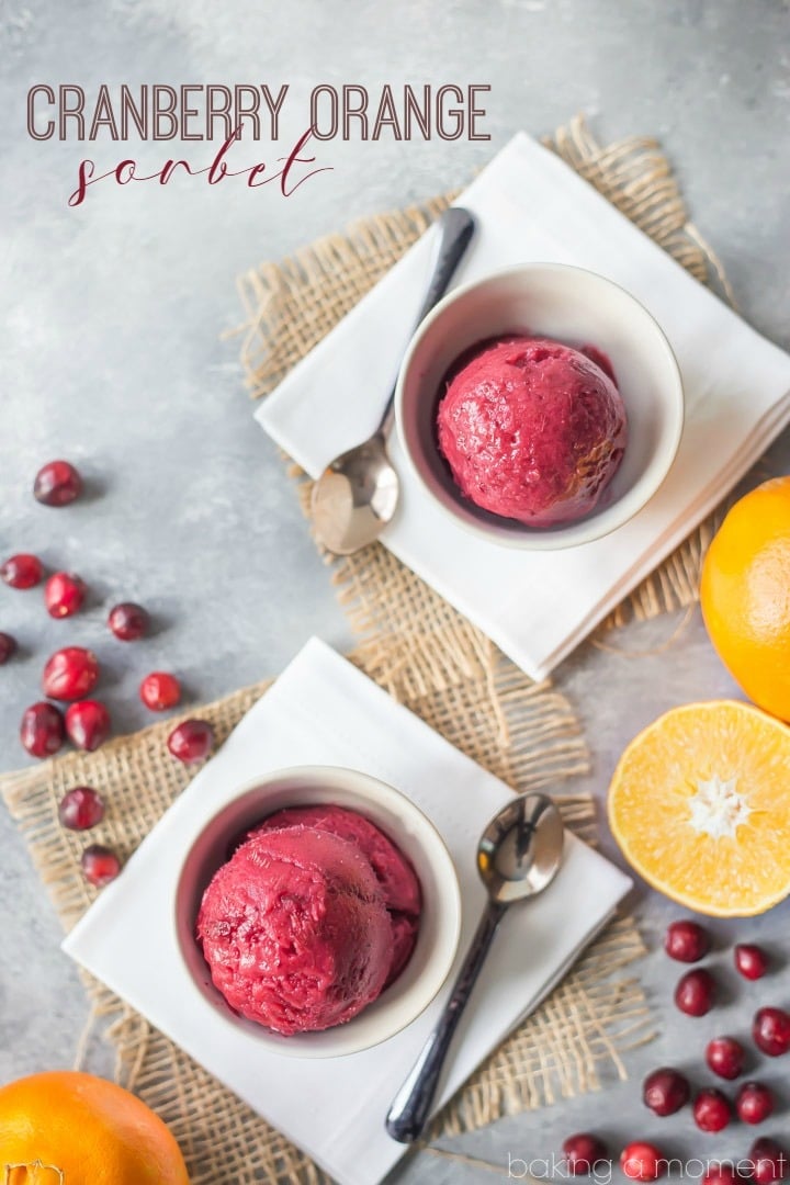 Cranberry orange sorbet: a light and refreshing dessert for fall and winter. Make this seasonal frozen dessert this holiday! food desserts holiday