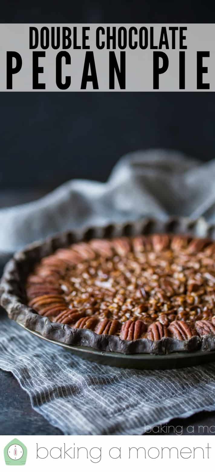 Double chocolate pecan pie on a dark background with a text overlay above that reads "Double Chocolate Pecan Pie."