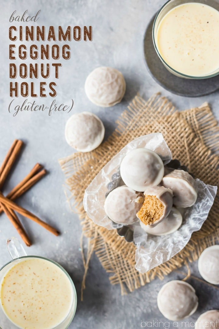 Cinnamon Eggnog Donut Holes: These baked donut holes are such a fun treat for the holidays! We loved the addition of eggnog, and that hit of warm cinnamon. And they're whole grain and gluten-free! @AFBakingMixes #sponsored food breakfast donuts