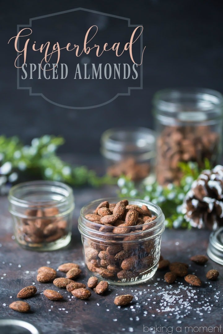Gingerbread Spiced Almonds: these made a perfect last-minute holiday gift! Whipped up a big batch in just a few minutes, baked them off, and put them into pretty jars tied with ribbon. Tasted just like a gingerbread cookie! food holiday gift
