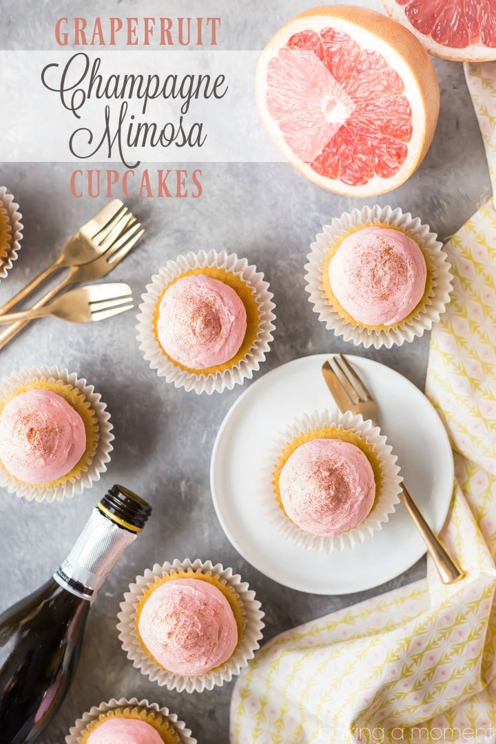 Grapefruit Champagne Mimosa Cupcakes: So light and fluffy, with a sweet, citrus-y zing and a gorgeous pink color! Perfect for New Years Eve or a girl's party. #BakeYourPassion #sponsored @whitelilyflour food desserts cupcakes