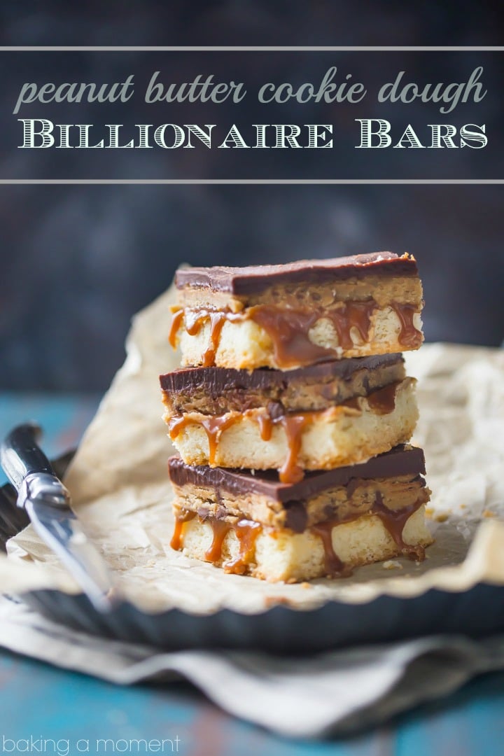 Peanut Butter Cookie Dough Billionaire Bars: OMG! These are so sinful- buttery shortbread with gooey caramel, edible peanut butter chocolate chip cookie dough, and a thick layer of chocolate ganache. Swoon! food desserts bars
