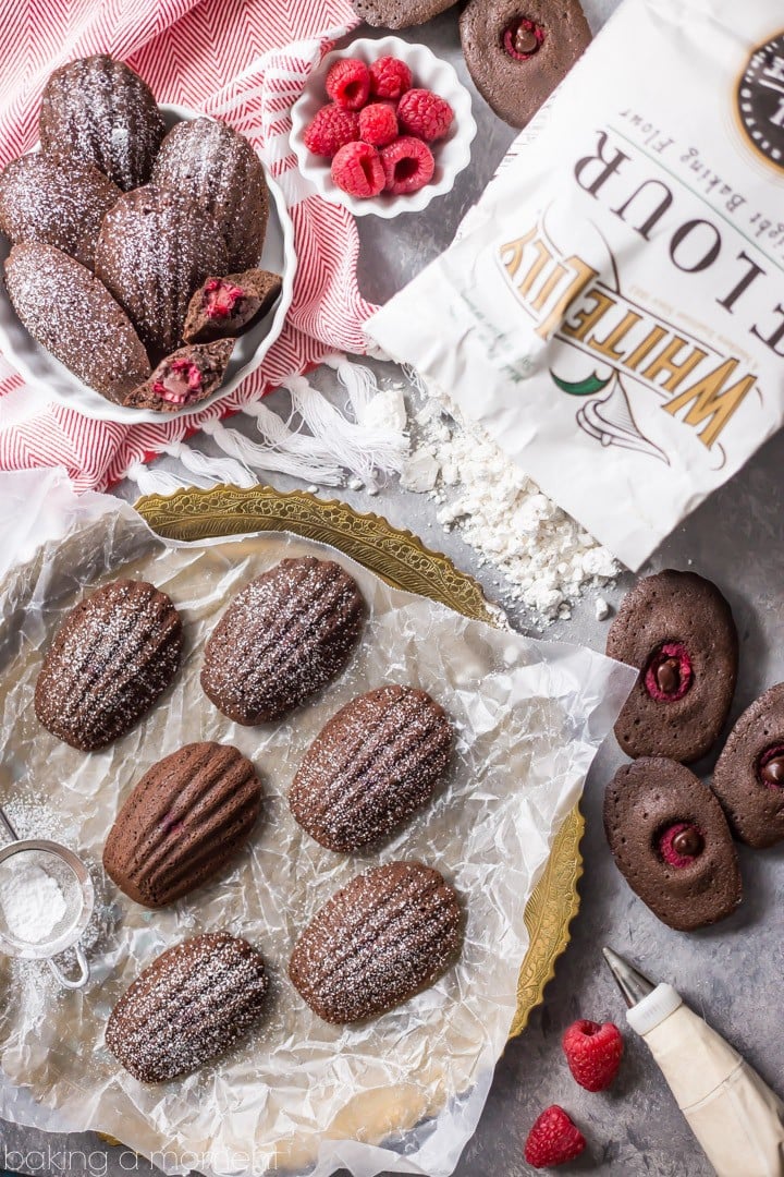 Chocolate Raspberry Madeleines: these little cakes are so perfect for a special occasion! Taste like a cake-y brownie, with a fresh raspberry baked inside. The shell shape couldn't be prettier! #BakeYourPassion #sponsored @whitelilyflour food desserts chocolate