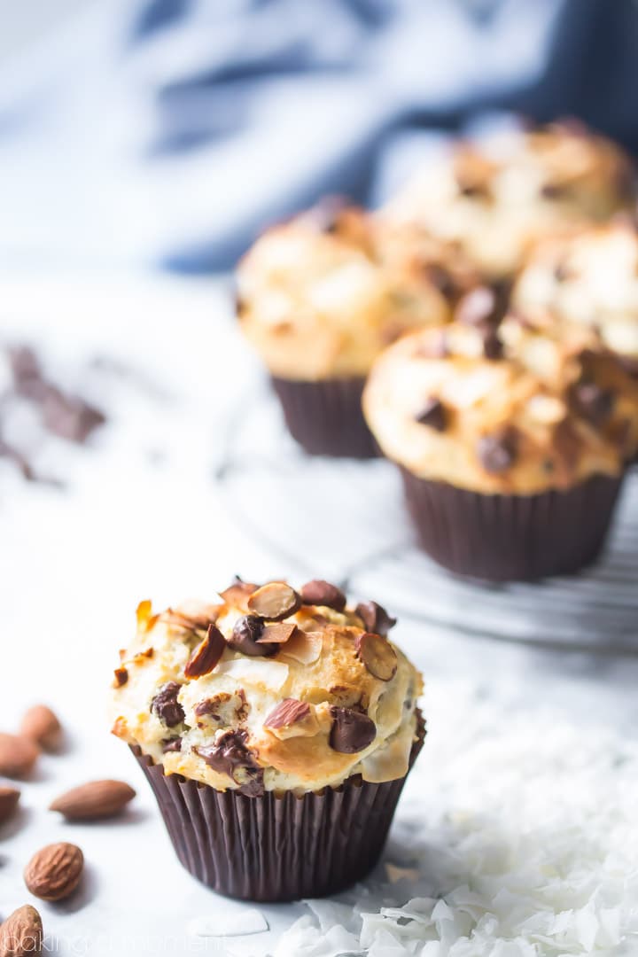 LOVED how tall and moist these Almond Joy Muffins came out! Chocolate, almonds, and coconut go so well together! food breakfast muffins