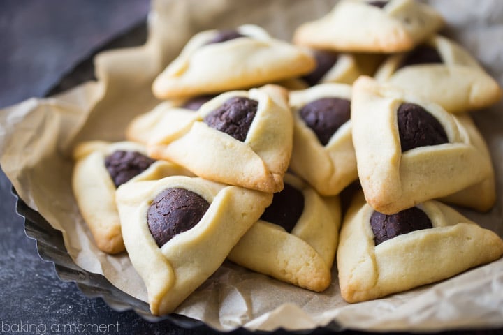 Fudge Brownie Hamantaschen- Little pillows of fudge-y chocolate brownie filling, surrounded by a butter-y sugar cookie.  food recipes purim cookies