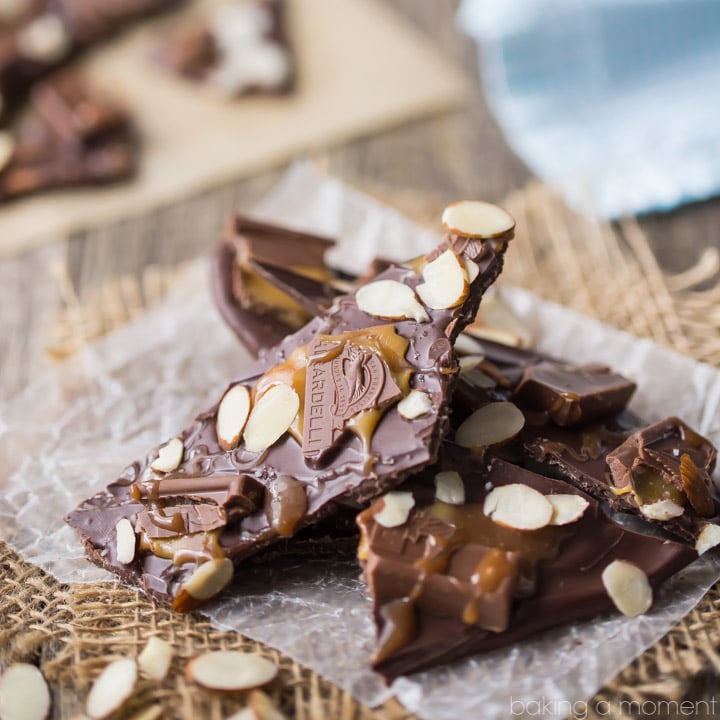 Chocolate Bark- one of the easiest and most fun homemade candy recipes! We adored this almond, caramel and sea salt version. food desserts chocolate #ghirardelli #ad