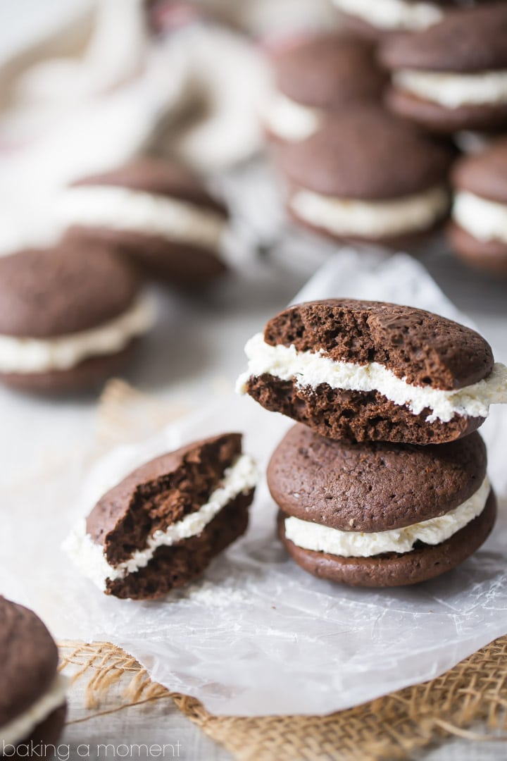 Whoopie Pies: these are such a classic, and this recipe totally takes them to the next level.  The cake is so chocolate-y, and the extra-fluffy vanilla filling is so silky and light!  My family went nuts for these.  food desserts chocolate