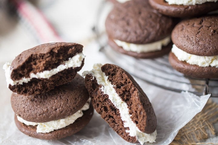 Whoopie Pies: these are such a classic, and this recipe totally takes them to the next level.  The cake is so chocolate-y, and the extra-fluffy vanilla filling is so silky and light!  My family went nuts for these.  food desserts chocolate