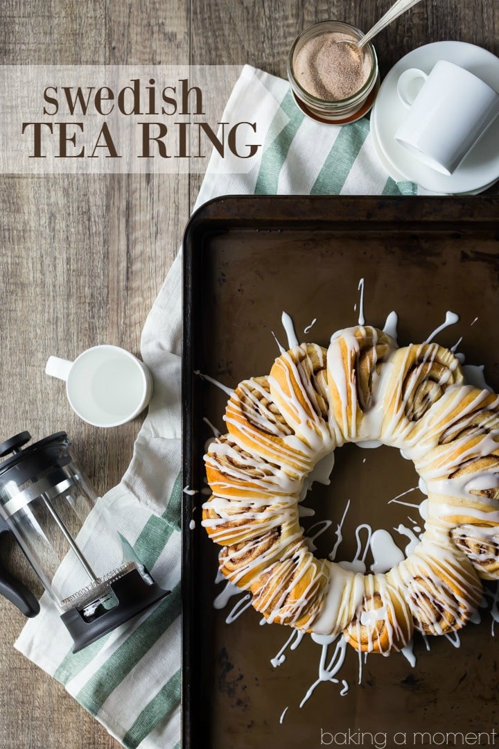 This Swedish tea ring has such a gorgeous presentation, and it's deceptively simple to create.  Soft, sweet yeast dough swirled with cinnamon sugar and drizzled with a sweet glaze.  Sort of like a pull-apart cinnamon roll bread.  food breakfast cinnamon rolls #ad @whitelilyflour