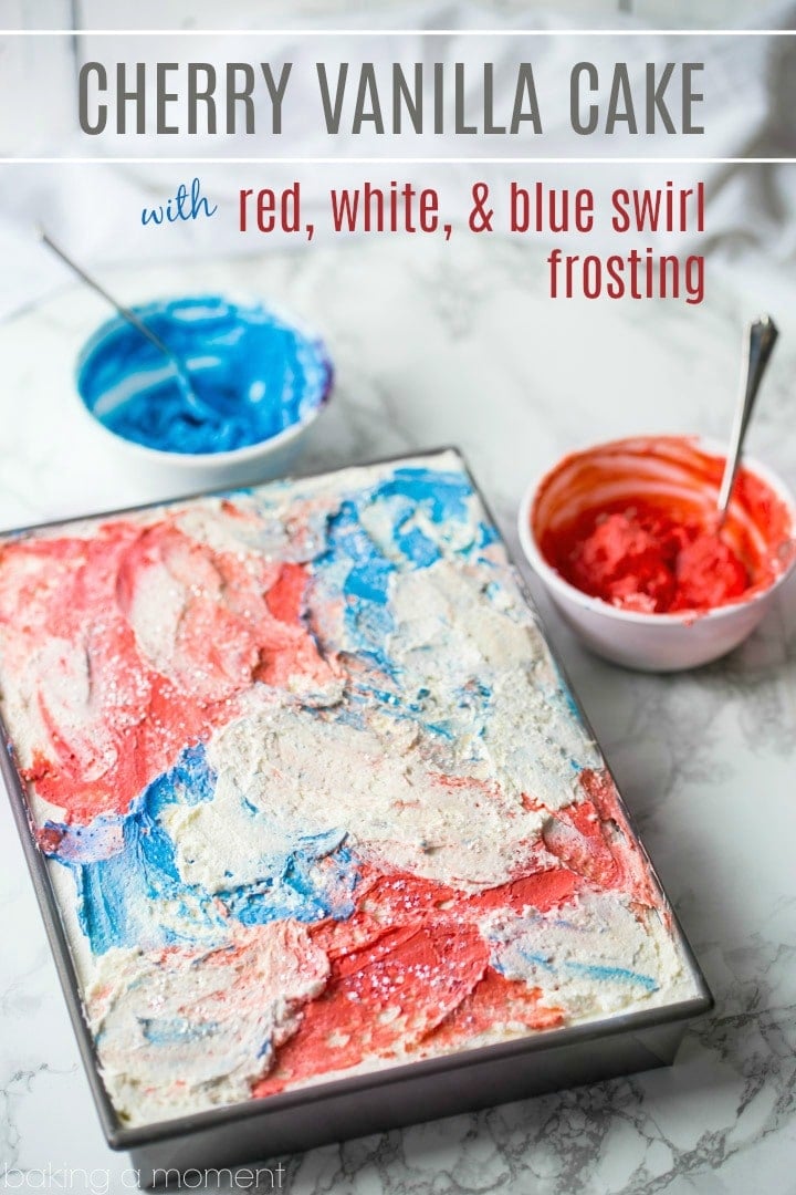 Cherry Vanilla Sheet Cake with Red, White, & Blue Swirl Frosting- perfect for Memorial Day or July 4th! Don't forget the edible star glitter! food desserts patriotic