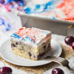 Cherry Vanilla Sheet Cake with Red, White, & Blue Swirl Frosting- perfect for Memorial Day or July 4th! Don't forget the edible star glitter! food desserts patriotic