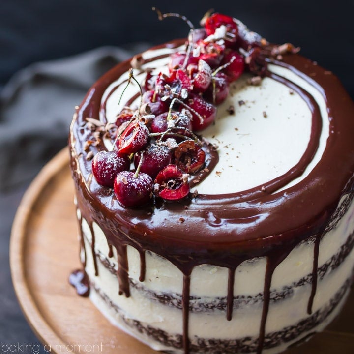 Black Forest Cake: moist chocolate cake layered with sweet cherries and whipped cream.  So luscious!  food desserts chocolate