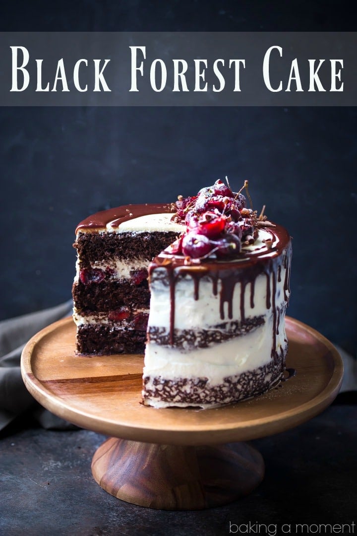 Black Forest Cake: moist chocolate cake layered with sweet cherries and whipped cream.  So luscious!  food desserts chocolate