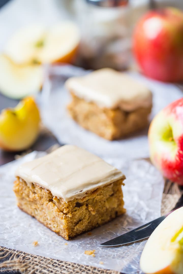 Soft, cake-y apple blondies with a little cinnamon and a sweet maple glaze on top.  So nice for fall!  food desserts apple