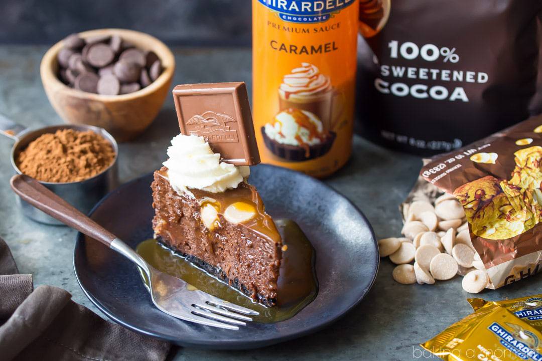 Chocolate Caramel Cheesecake slice on a plate, surrounded by Ghirardelli ingredients.  food desserts chocolate