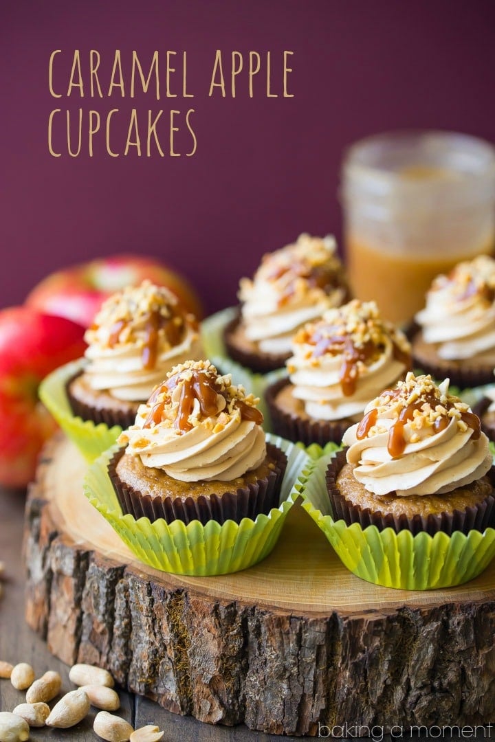 Caramel Apple Cupcakes: moist, subtly spiced apple cake topped with salted caramel buttercream, drizzled with caramel sauce and garnished with chopped peanuts.  Just like the favorite fall treat, in cupcake form!  food desserts apple