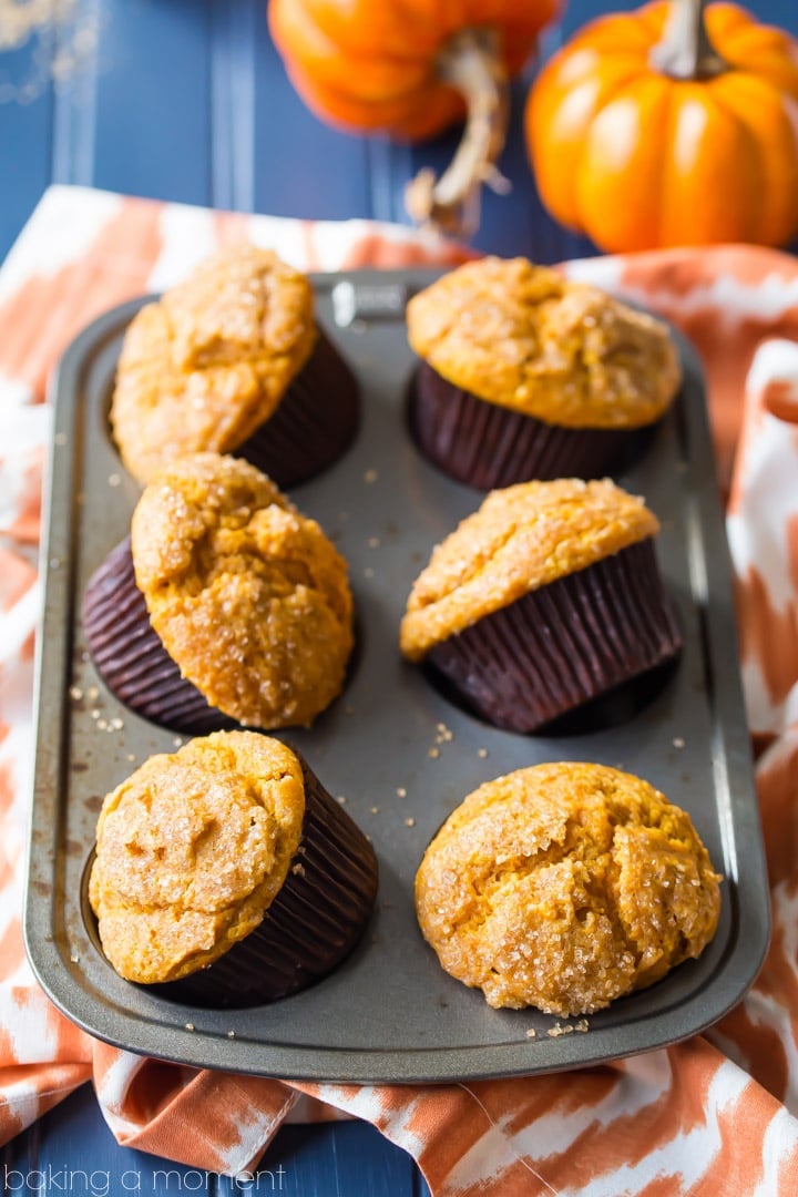This is my go-to pumpkin muffin recipe from now on.  The muffins came out moist and tall, with a crunchy sugar topping and plenty of earthy pumpkin flavor and warm fall spices.  food breakfast brunch pumpkin