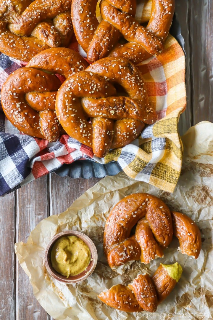 Homemade soft pretzel, torn into bite-sized pieces and served with brown mustard for dipping.