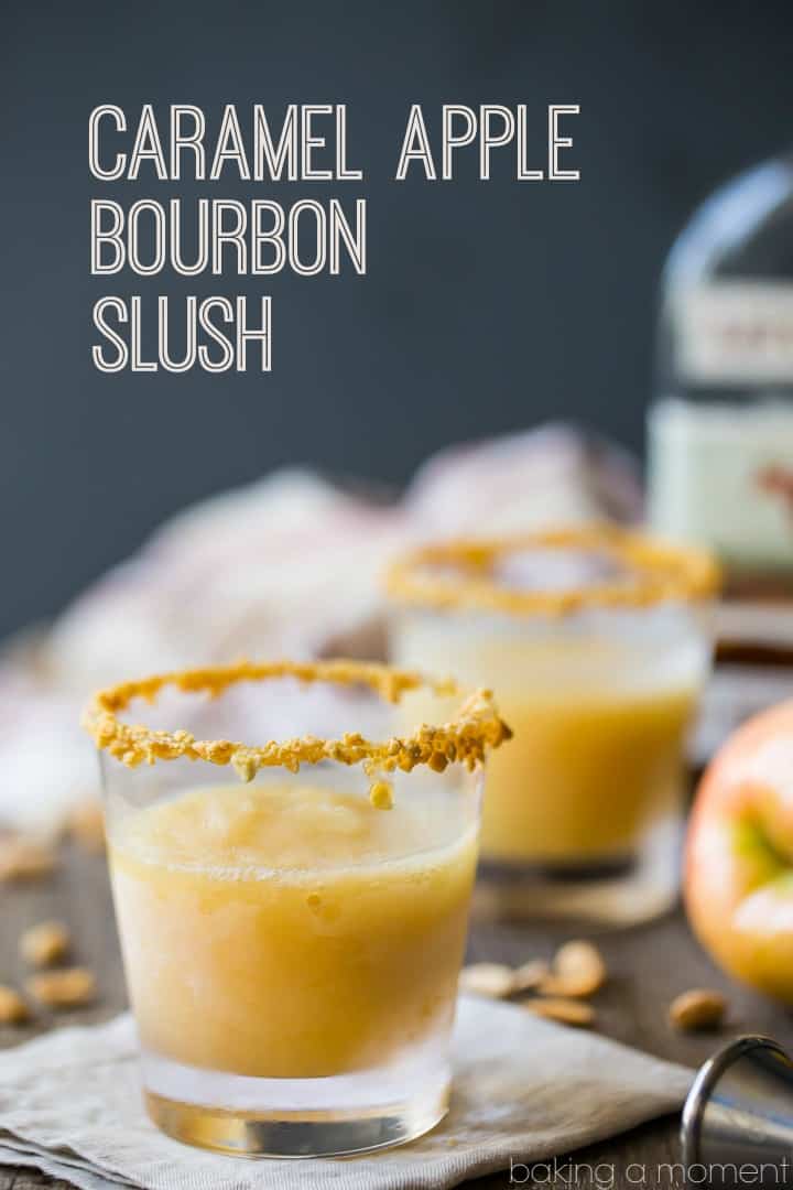 Caramel Apple Bourbon Slush: made with real apples and apple cider, buttery caramel, and toasty bourbon.  A perfect fall sipper!  #drinks #cocktails #fall