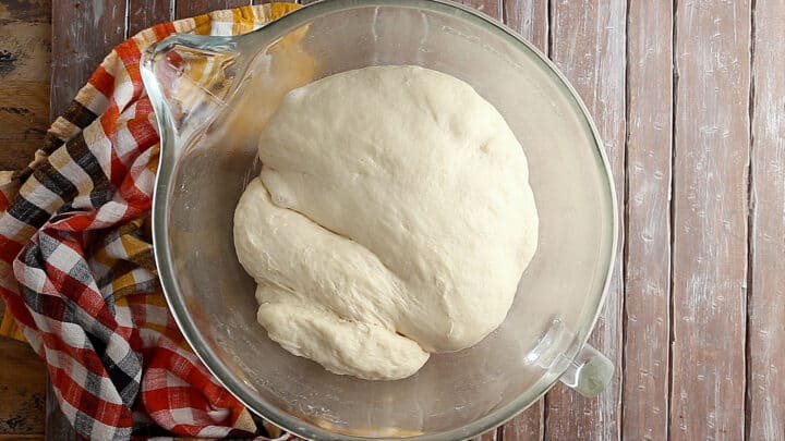 Soft pretzel dough risen to twice its original volume.