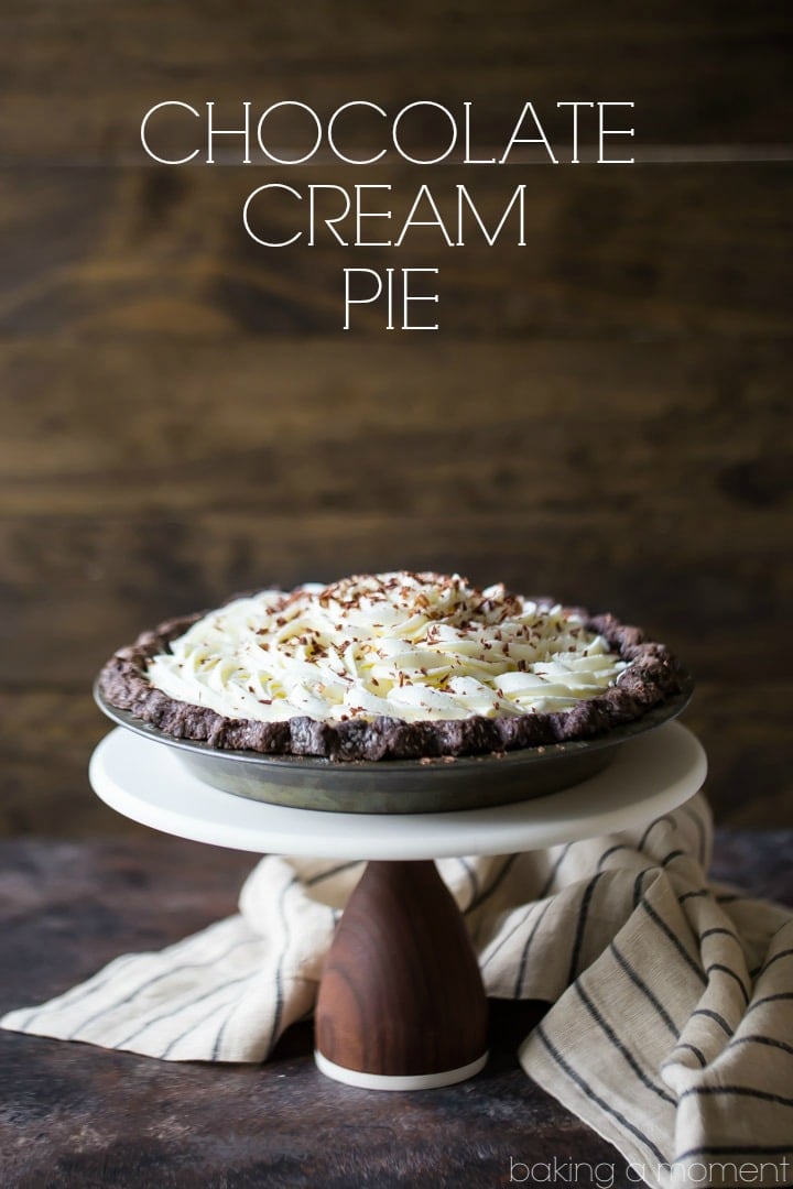 Easy Chocolate Cream Pie: chocolate crust, no-bake chocolate mousse filling, and swirls of fluffy whipped cream.  SO chocolate-y, and a perfect make-ahead dessert!  #food #recipes #desserts #chocolate #pie