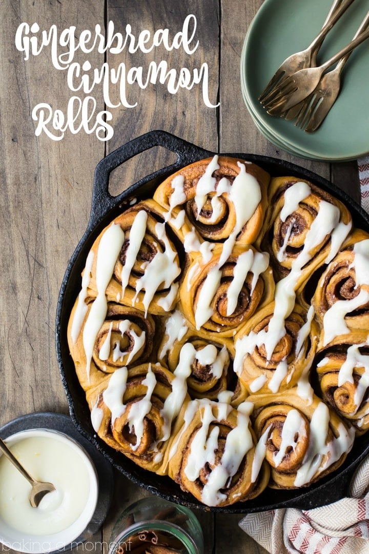 Gingerbread Cinnamon Rolls: so soft and gooey!  Loved the added warmth of ginger and molasses, and the lemon-y cream cheese icing was so good!  #food #cinnamonrolls #baking #brunch #breakfast #christmas #holiday #cinnabon