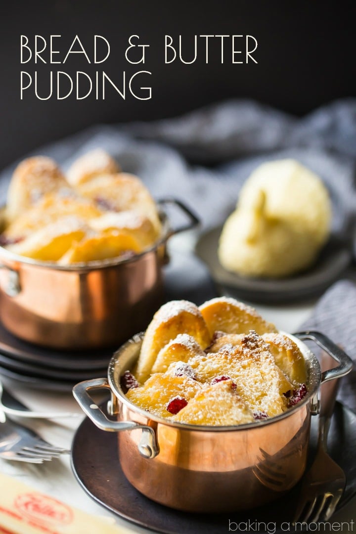 Bread & butter pudding: this is comfort food at its very best!  The bread gets so toasty & crisp on top, creamy & rich underneath.  I make this every winter and my family goes crazy for it!  #food #desserts #comfortfood #custard #breadpudding #baking