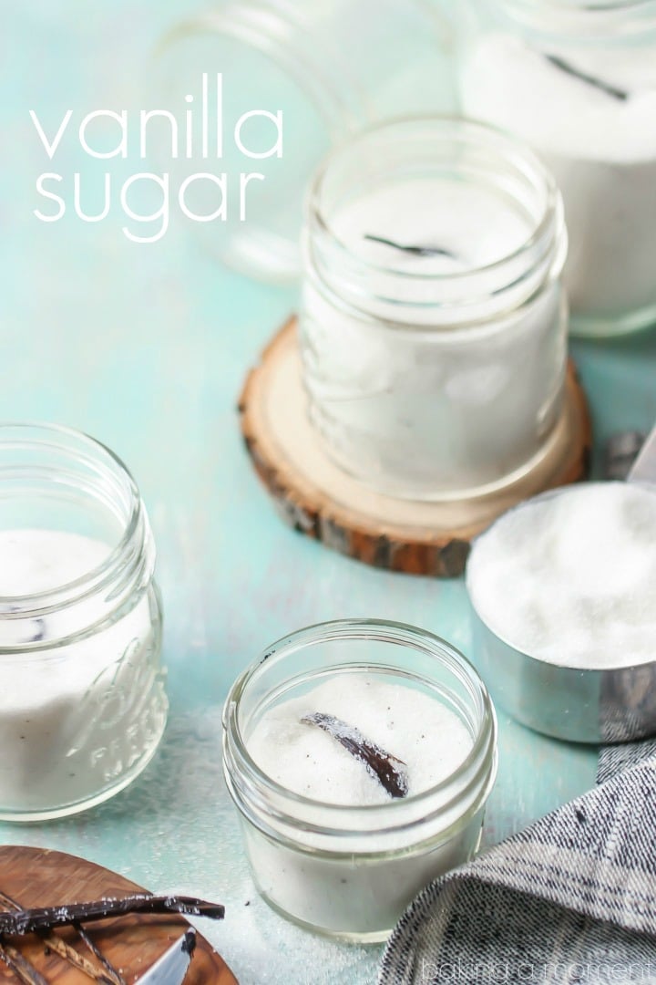 Vanilla sugar takes only seconds to make, and it's so fragrant and delicious!  I use it in so many things, and it makes an easy homemade gift!  #food #desserts #homemade #gift #holiday #christmas #easy #vanilla #sugar #jar