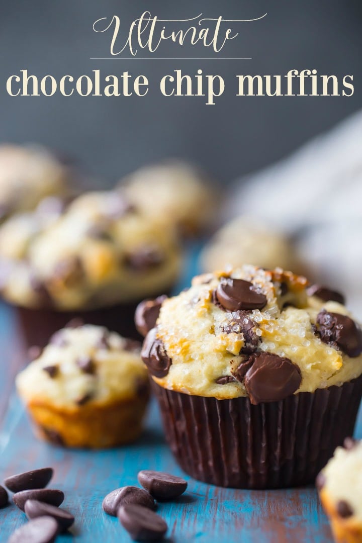 Vertical image with text overlay of a freshly baked chocolate chip muffin on an aqua-painted wood background, with chocolate chip mini-muffins in the background. 