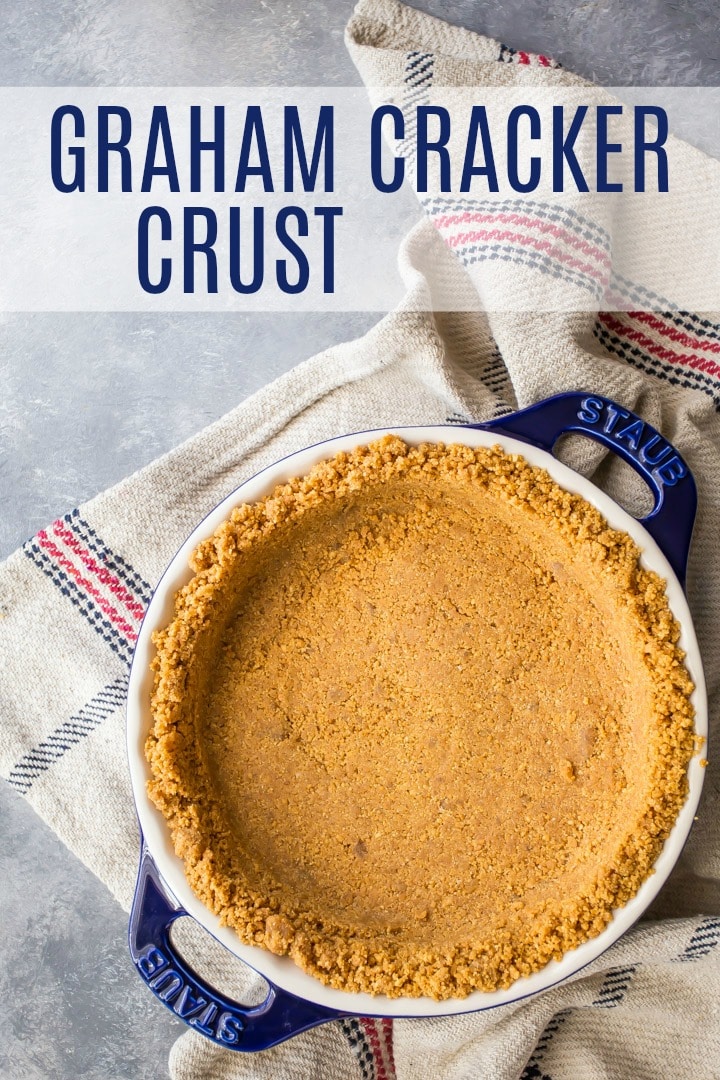 Overhead image with text overlay of graham cracker crust in a blue pie plate.