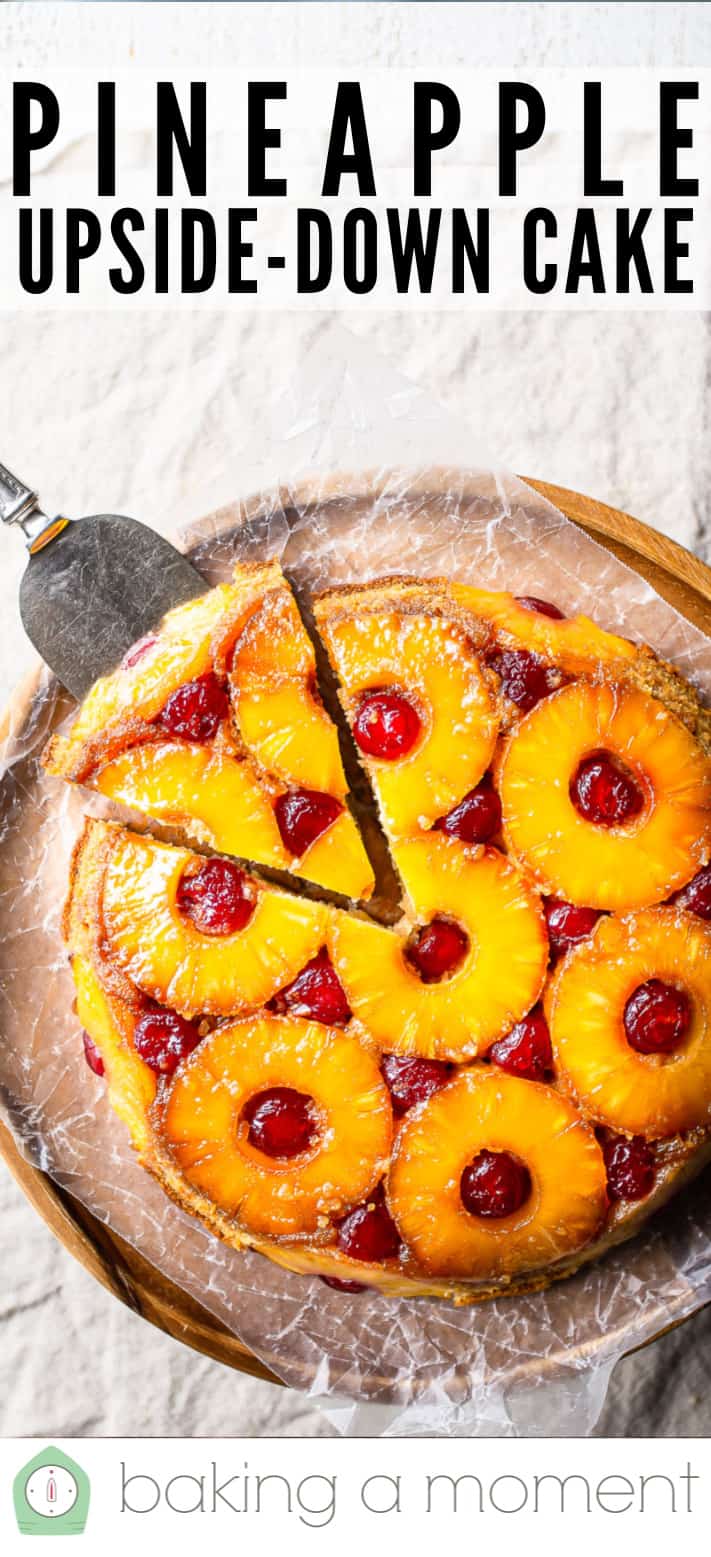 Overhead image of pineapple upside-down cake on a linen cloth, with a text overlay above that reads "Pineapple Upside-Down Cake."