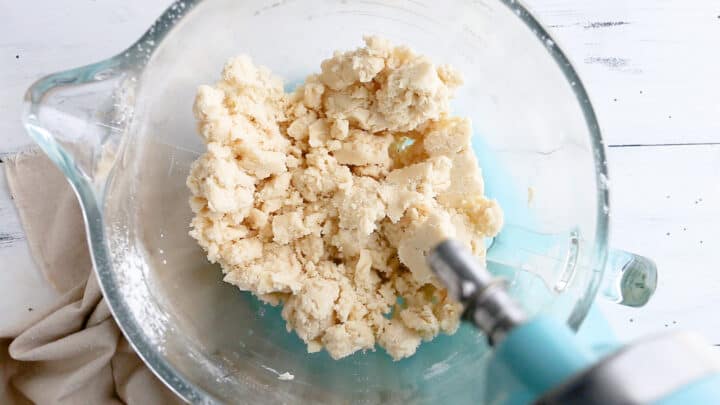 Dry ingredients and butter mixed until it looks like damp sand.