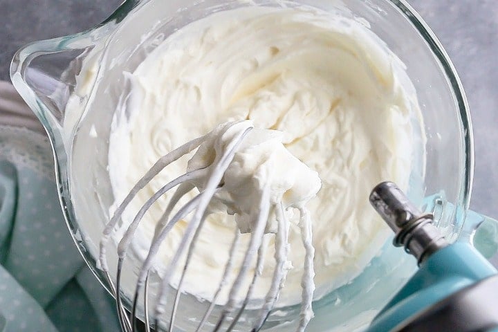 Make-ahead stabilized whipped cream frosting with cream cheese.