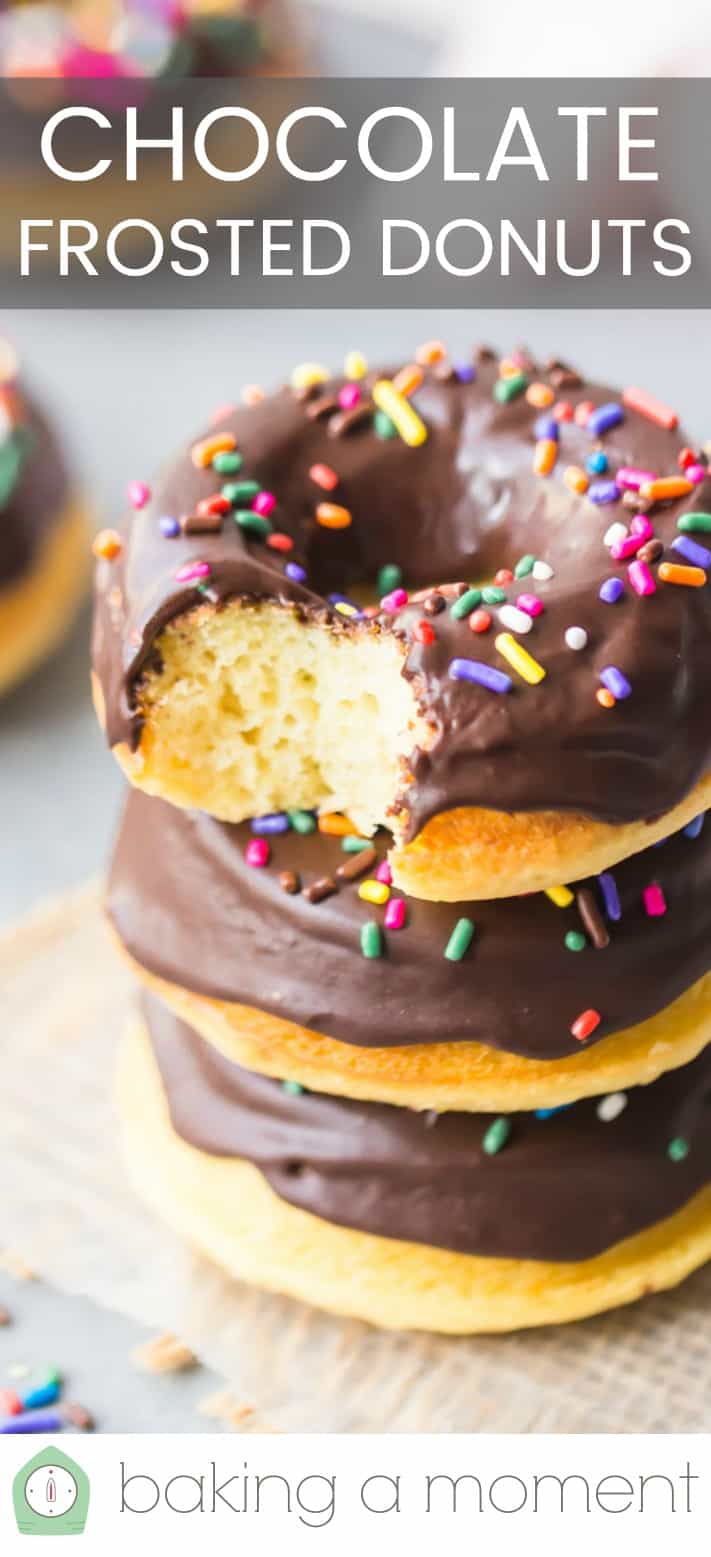 Close-up of a stack of chocolate frosted donuts with rainbow sprinkles, and a text overlay above that reads "Chocolate Frosted Donuts."