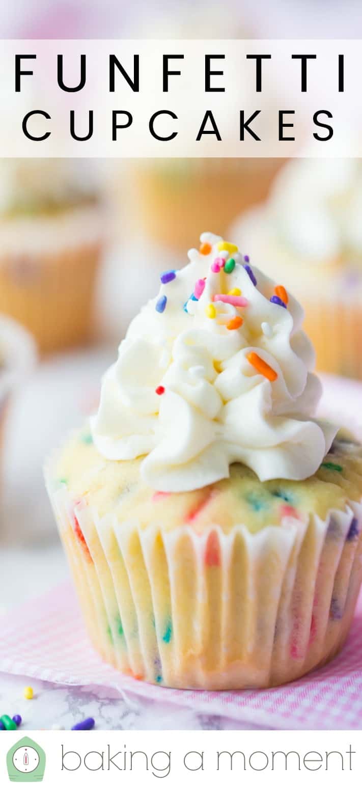 Close-up image of a homemade funfetti cupcake with rainbow sprinkles, and a text overlay above that reads "Funfetti Cupcakes."