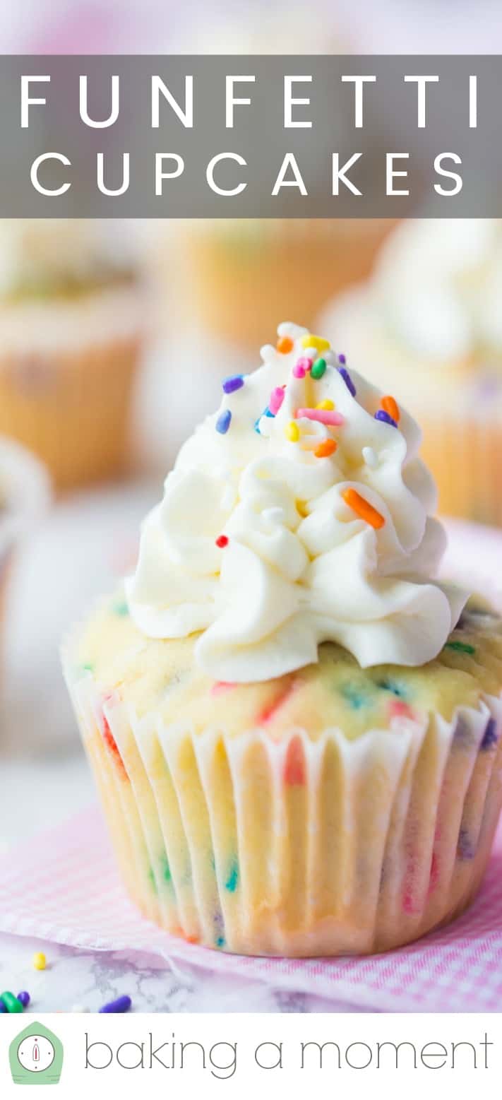Close-up image of a homemade funfetti cupcake with rainbow sprinkles, and a text overlay above that reads "Funfetti Cupcakes."