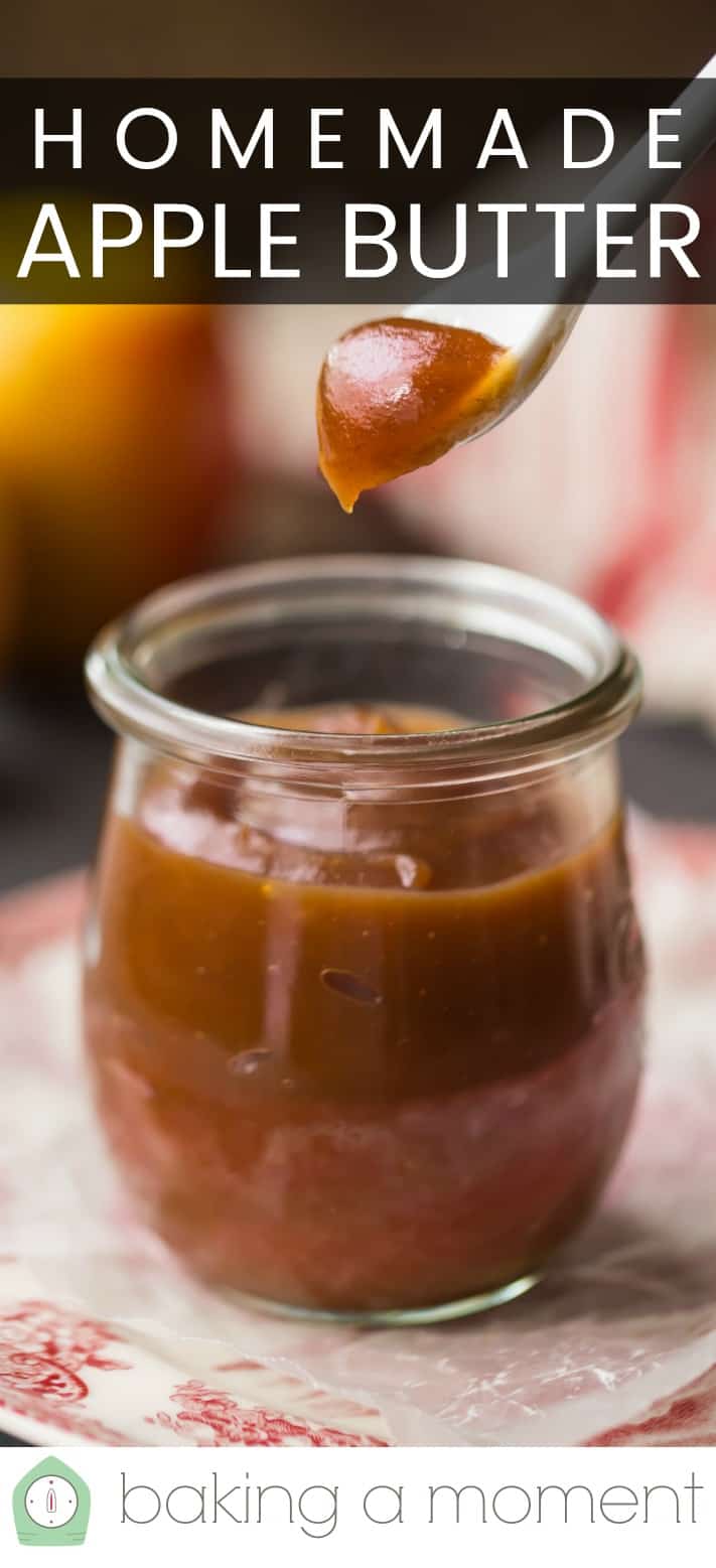 Close-up image of a jar of easy homemade apple butter, with a text overlay above that reads "Homemade Apple Butter."