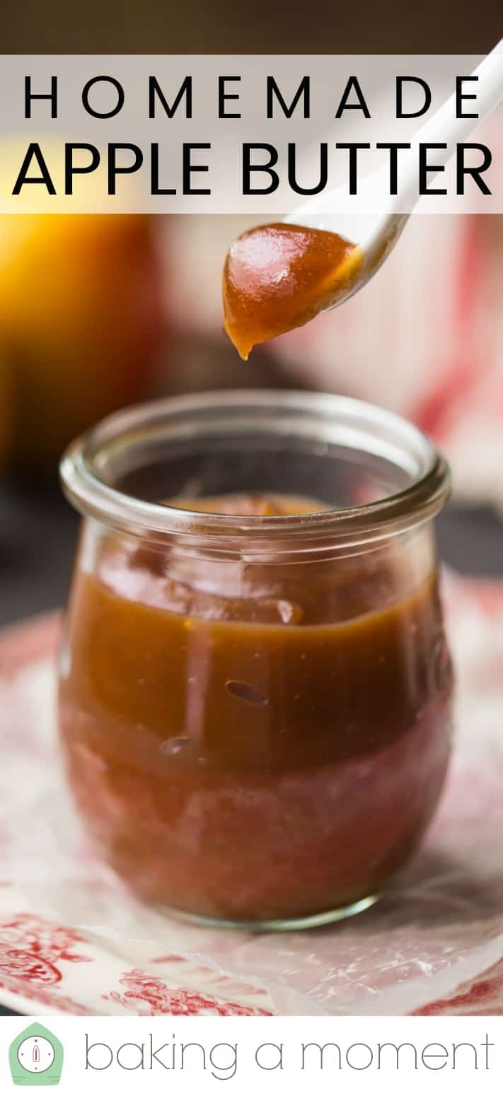 Close-up image of a jar of easy homemade apple butter, with a text overlay above that reads "Homemade Apple Butter."