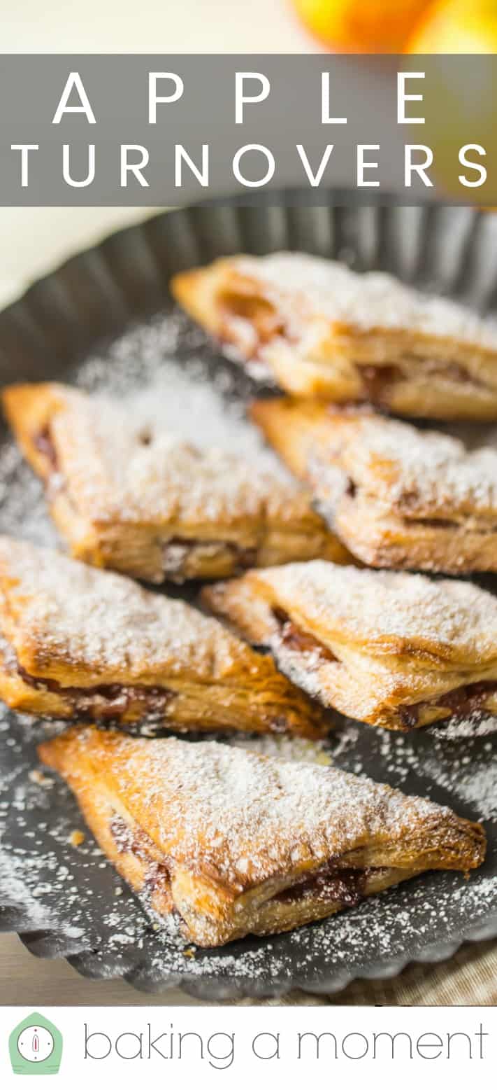 Six apple turnovers in a fluted metal pan with powdered sugar, and a text overlay above that reads "Apple Turnovers."