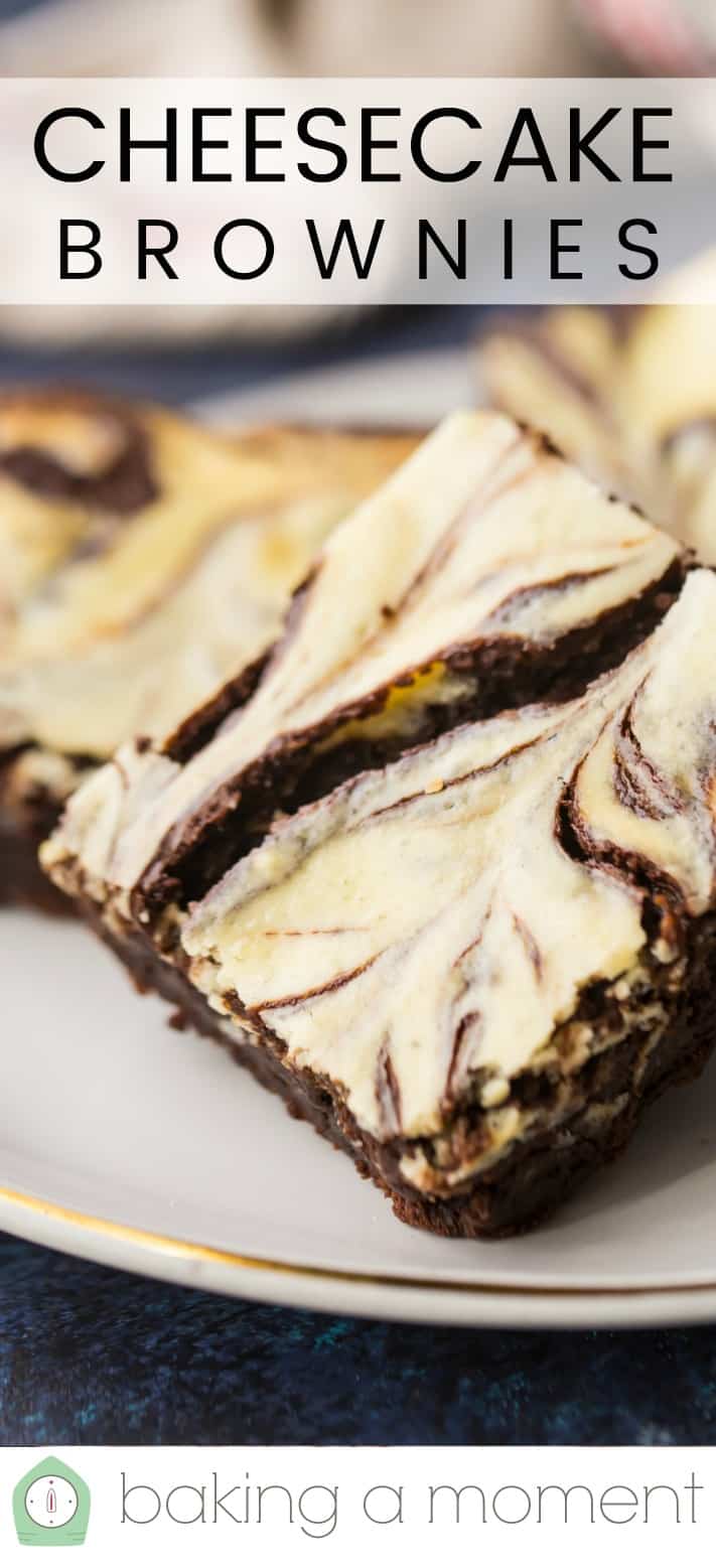 Close-up image of a cheesecake swirl brownie with a text overlay above reading "Cheesecake Brownies."