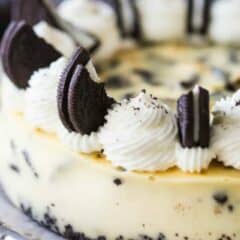 Close-up image of an Oreo cheesecake with a text overlay above reading "Oreo Cheesecake."