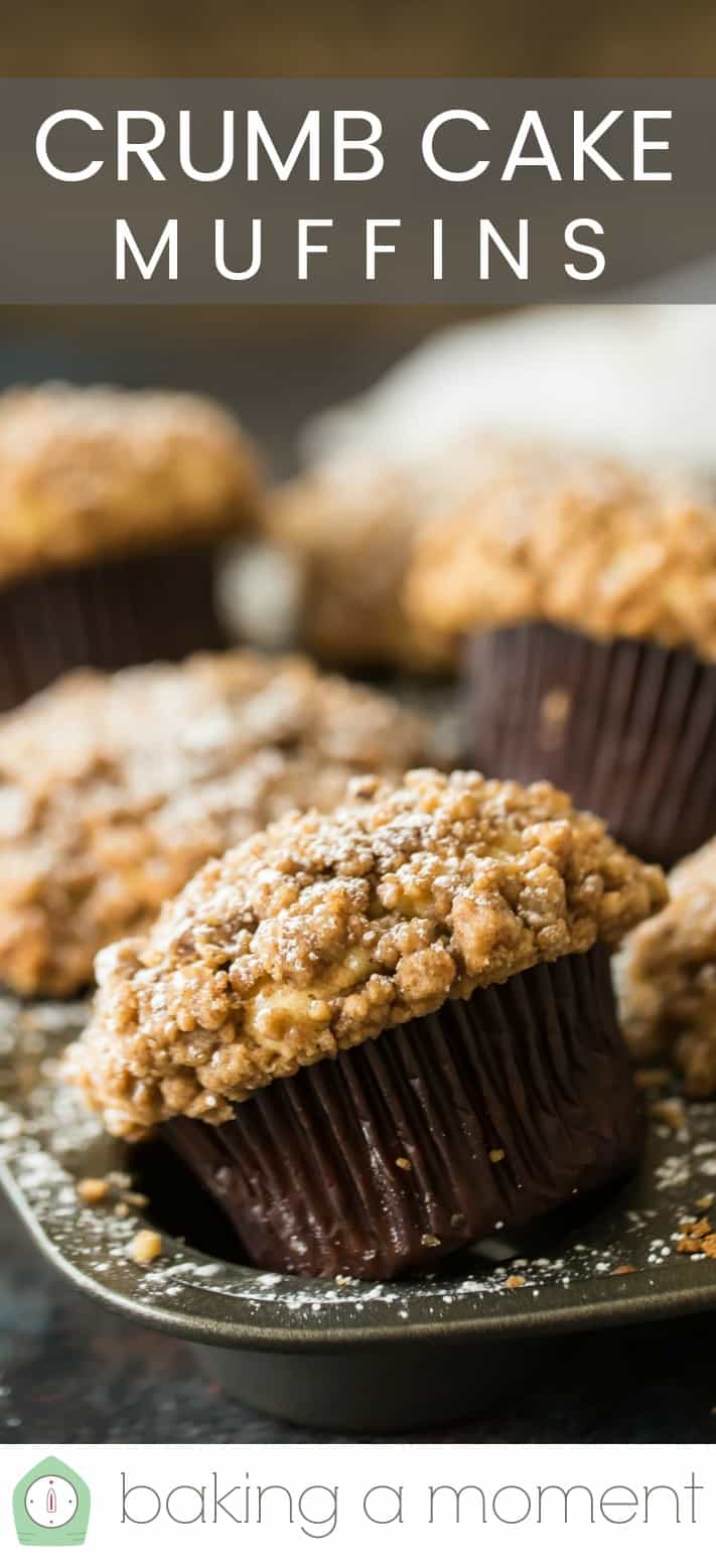 Close-up image of a batch of crumb cake muffins in a muffin pan, with a text overlay above reading "Crumb Cake Muffins."