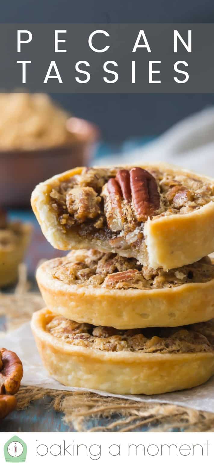 Close-up image of a stack of classic pecan tassies, with a text overlay above reading "Pecan Tassies."