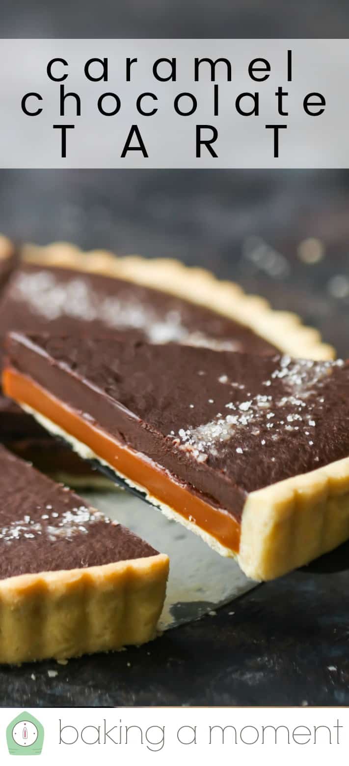 Close-up image of a slice of salted caramel chocolate ganache tart being lifted from the pan, with a text overlay above reading "Caramel Chocolate Tart."