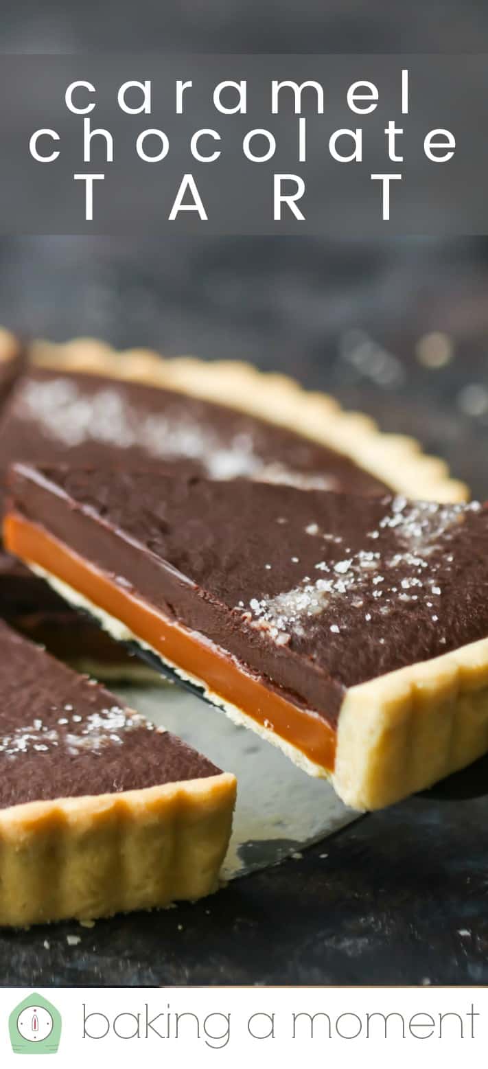Close-up image of a slice of salted caramel chocolate ganache tart being lifted from the pan, with a text overlay above reading "Caramel Chocolate Tart."