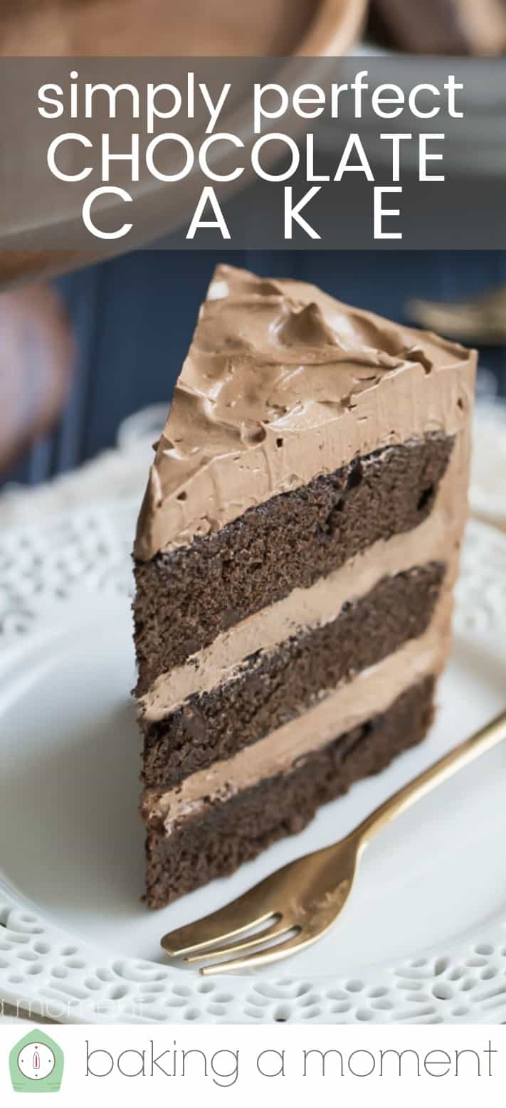 Close-up image of a slice of chocolate cake on a white plate with a blue background, and a text overlay reading "Simply Perfect Chocolate Cake."